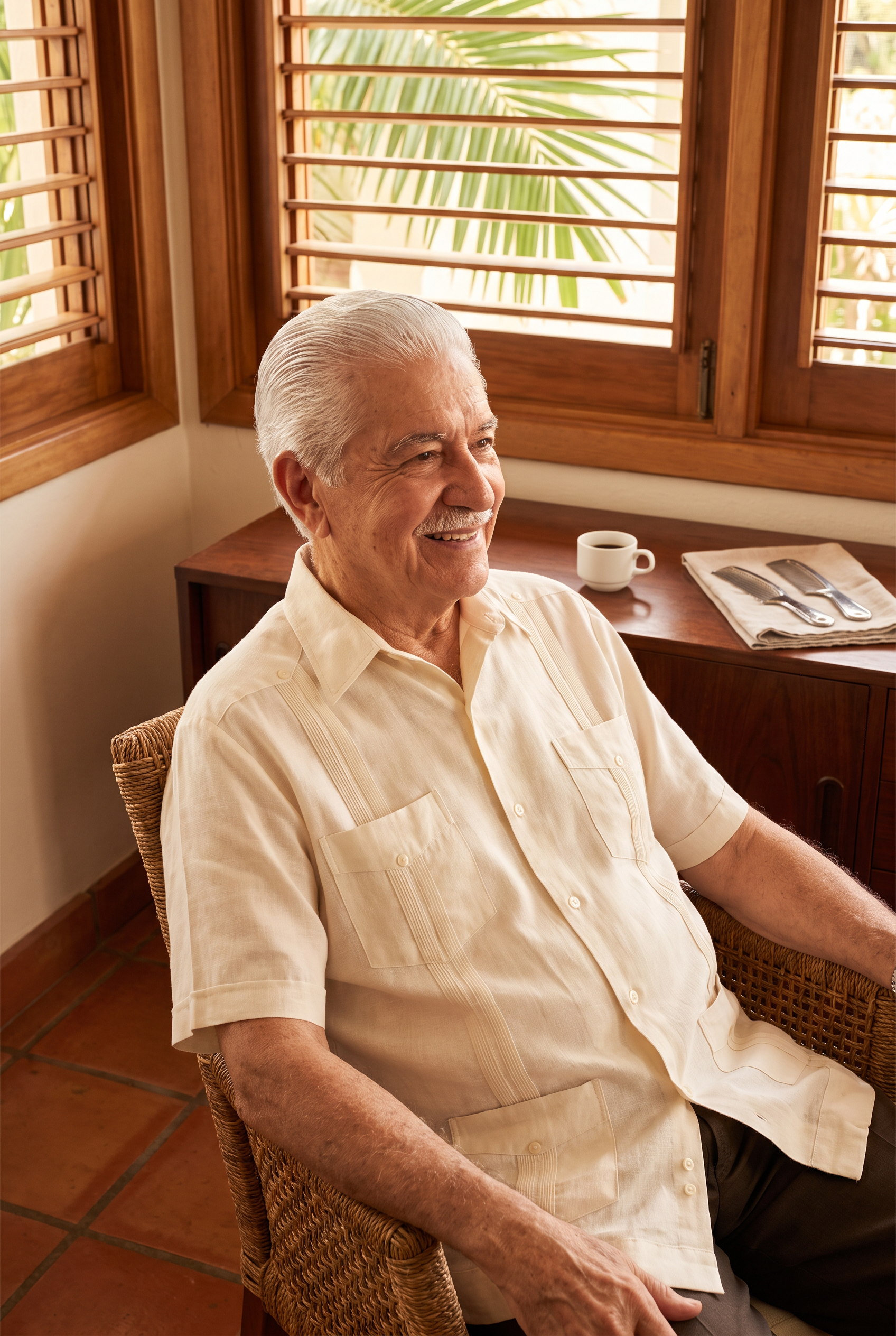 Alan Cornet in his sunlit residence at Buena Vida Senior Community, South Florida, wearing a cream linen guayabera