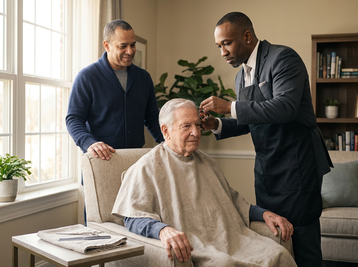 Kelvin, a Black master barber in a charcoal suit and apron, trimming the hair of an elderly White gentleman seated in a linen cape; the resident's adult son stands warmly beside them in a sunlit senior-living suite