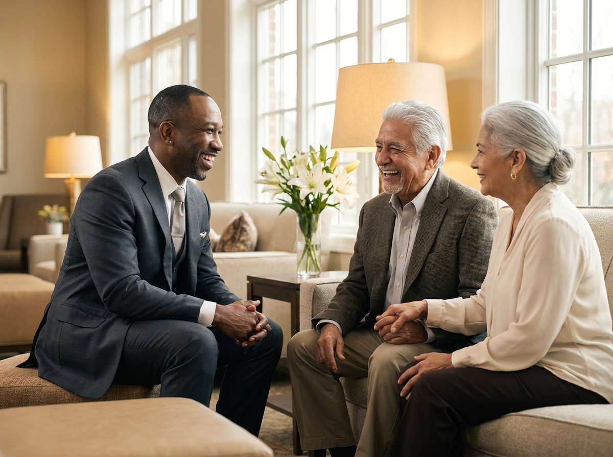 Kelvin seated on a low ottoman in a sunlit community lounge, mid-laugh in conversation with a Hispanic senior gentleman and his wife holding hands beside him