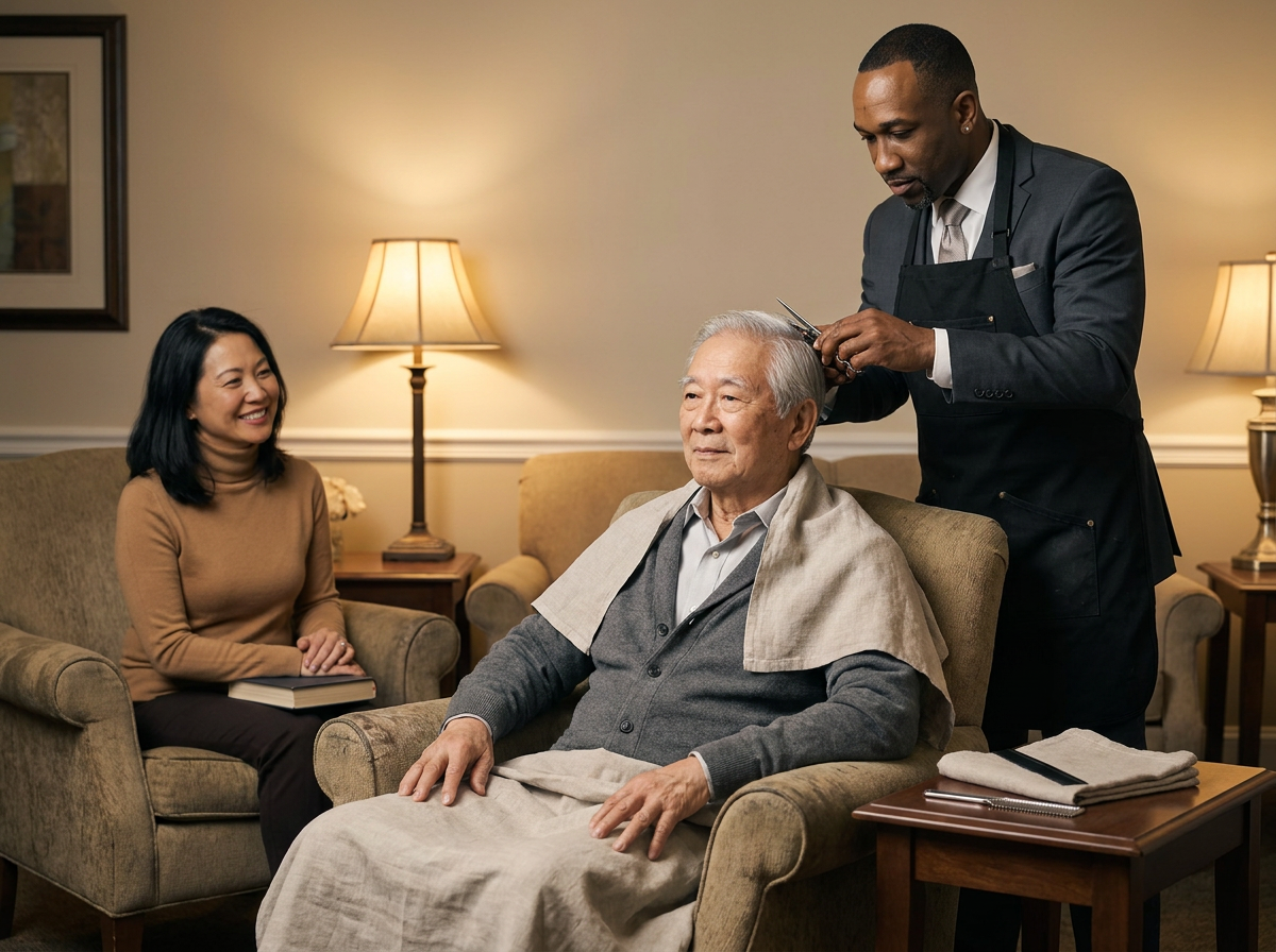 Kelvin carefully trimming the hair of an elderly Asian gentleman in a linen cape and cardigan in a warmly lit memory-care sitting room; the resident's adult daughter smiles from a nearby armchair with a book in her lap