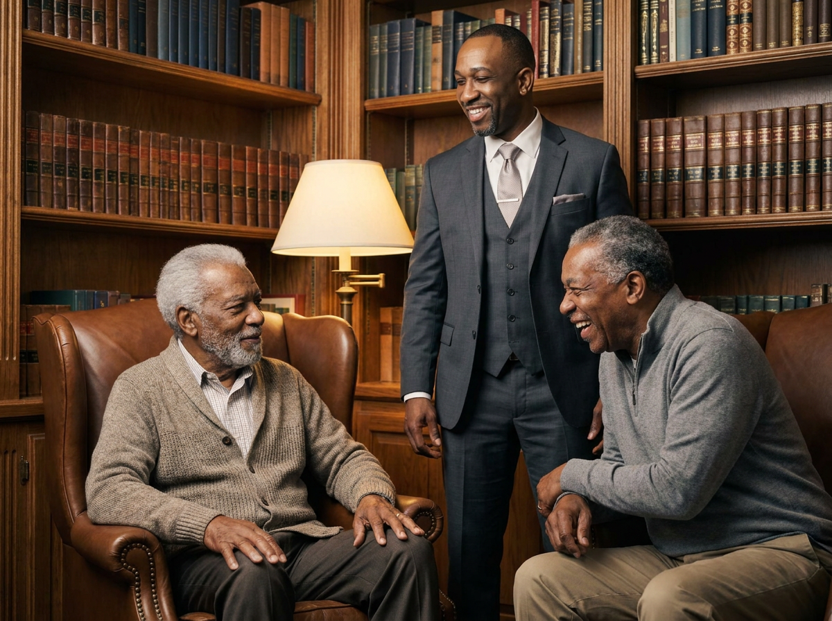 Kelvin standing in a wood-paneled community library corner beside an elderly Black gentleman seated in a leather wingback chair, his younger brother laughing warmly from the adjacent armchair