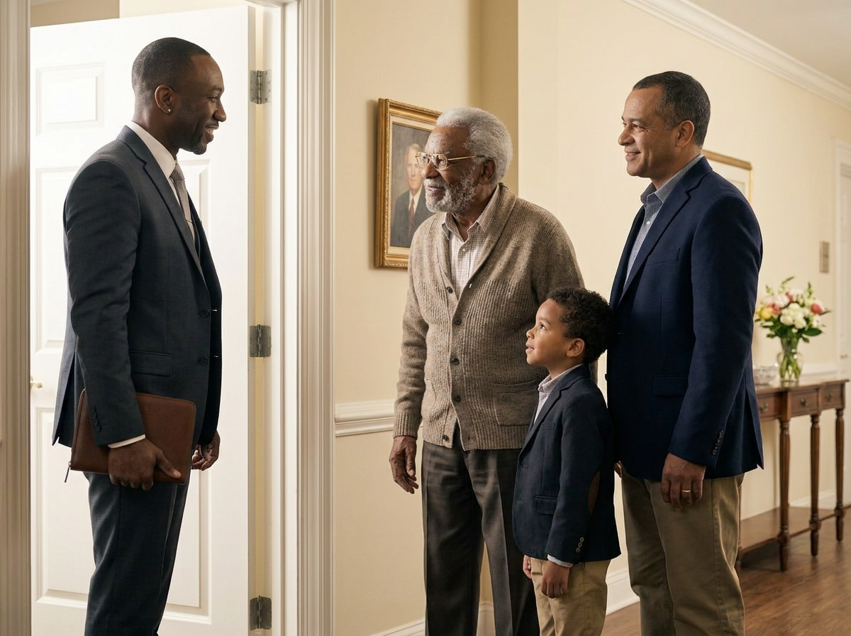 Kelvin greeting an elderly Black gentleman at the doorway of his residence with the gentleman's adult son and young grandson standing warmly beside him