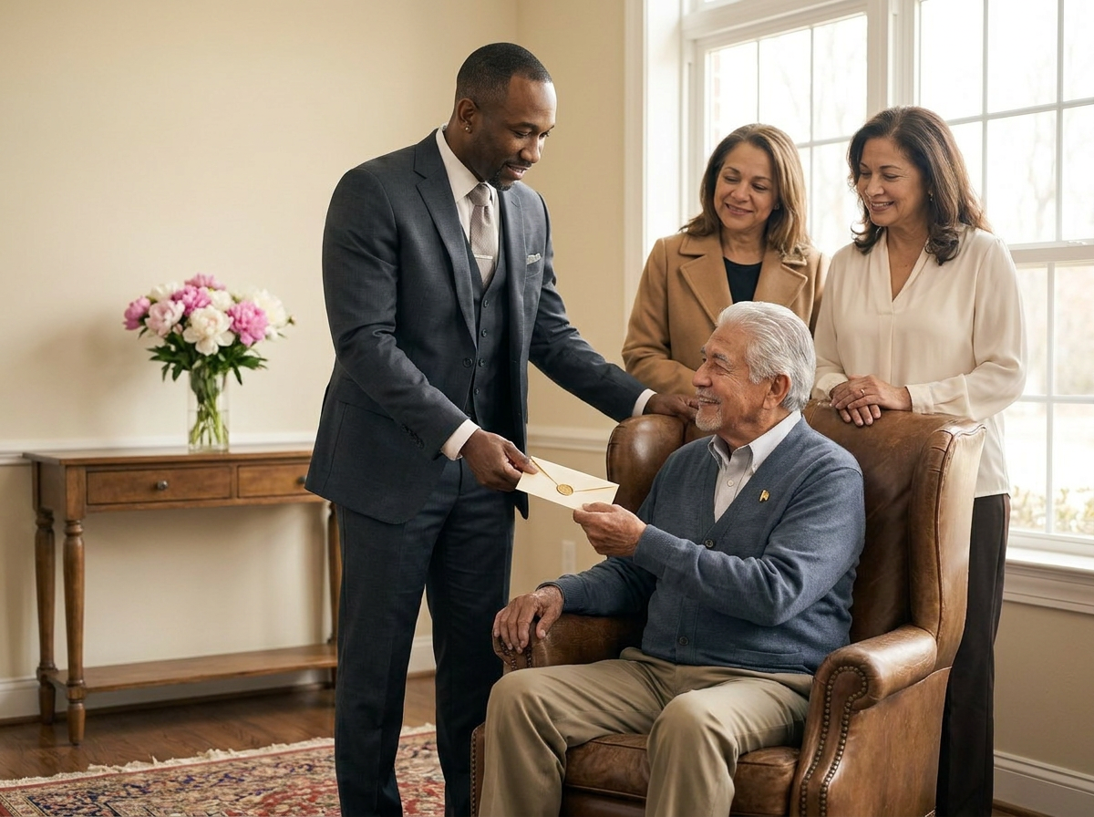 Kelvin respectfully handing a small cream-coloured envelope sealed with a gold foil mark to an elderly Hispanic gentleman seated in a wingback armchair, while his two adult daughters look on with warm smiles