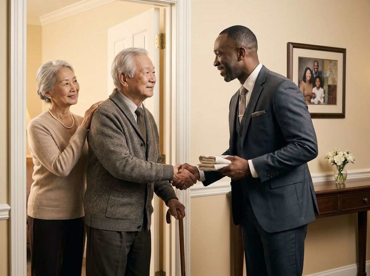 Kelvin shaking hands with an elderly Asian gentleman at the doorway of his residence in farewell, the gentleman's wife standing beside her husband with a hand gently on his shoulder