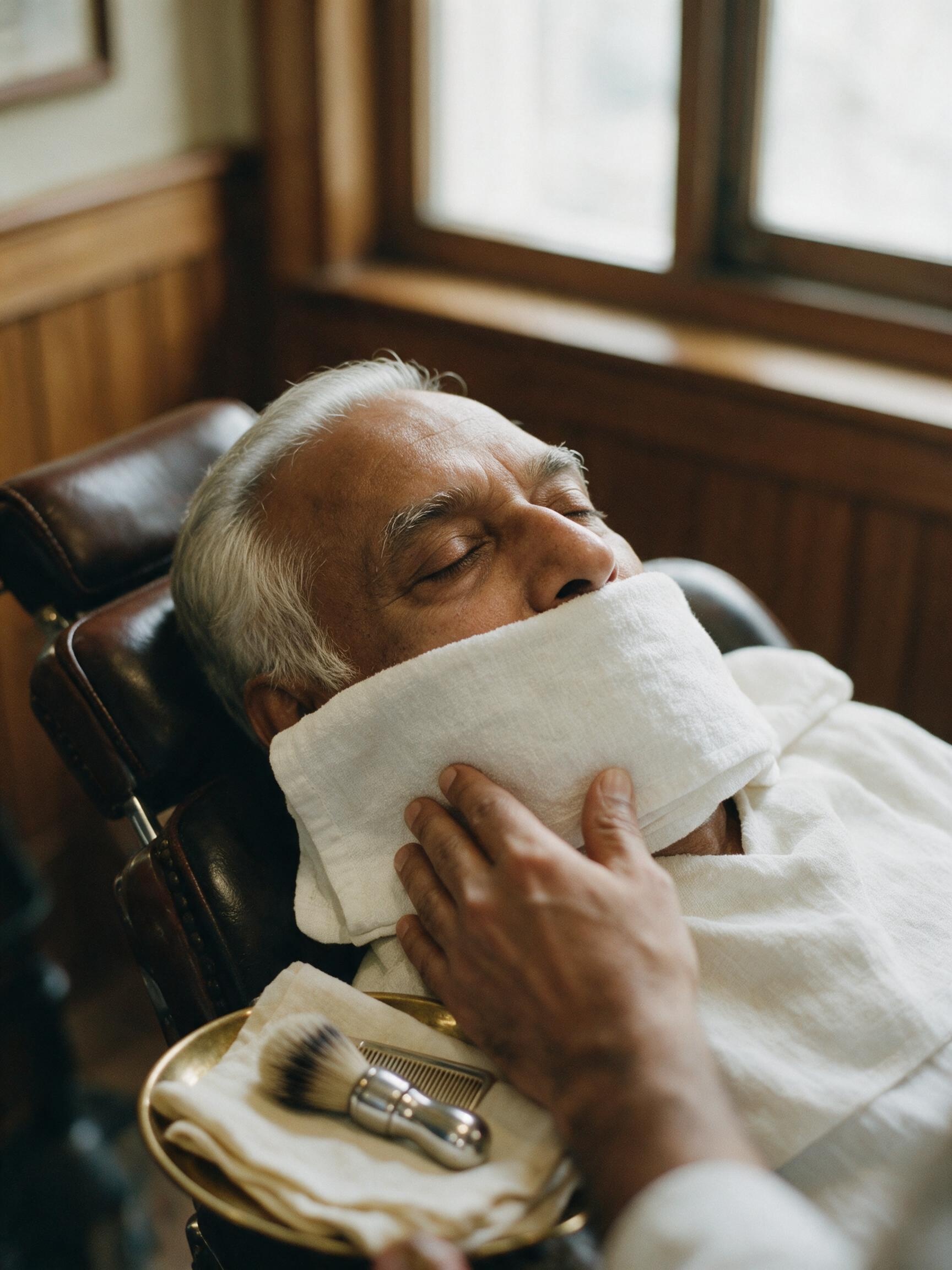 A gentleman receiving a hot-towel shave, the towel folded over his brow, the room quiet and warmly lit.