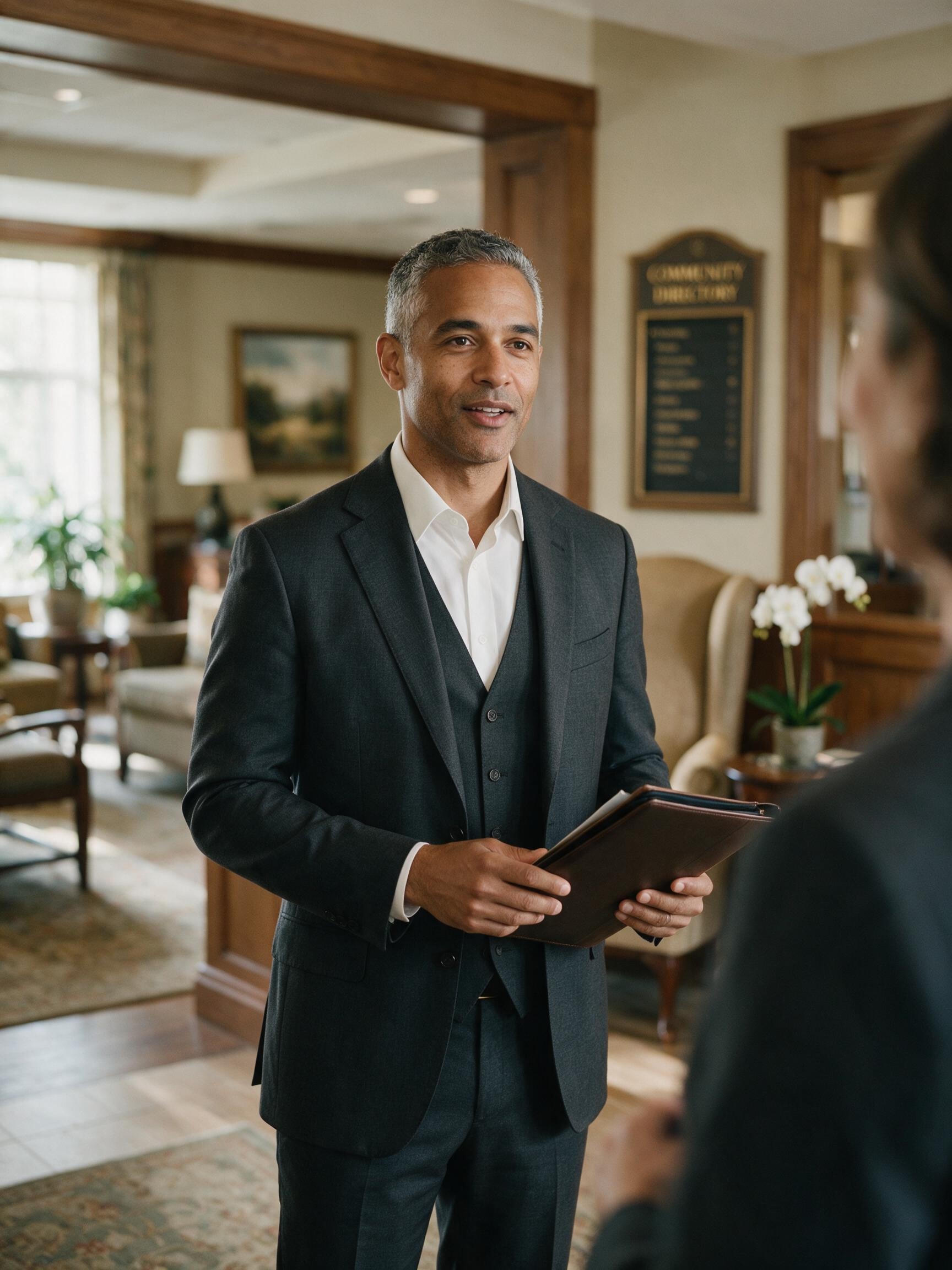 A program manager in a tailored suit stands in the warmly panelled lobby of an upscale senior living community, holding a leather portfolio mid-conversation