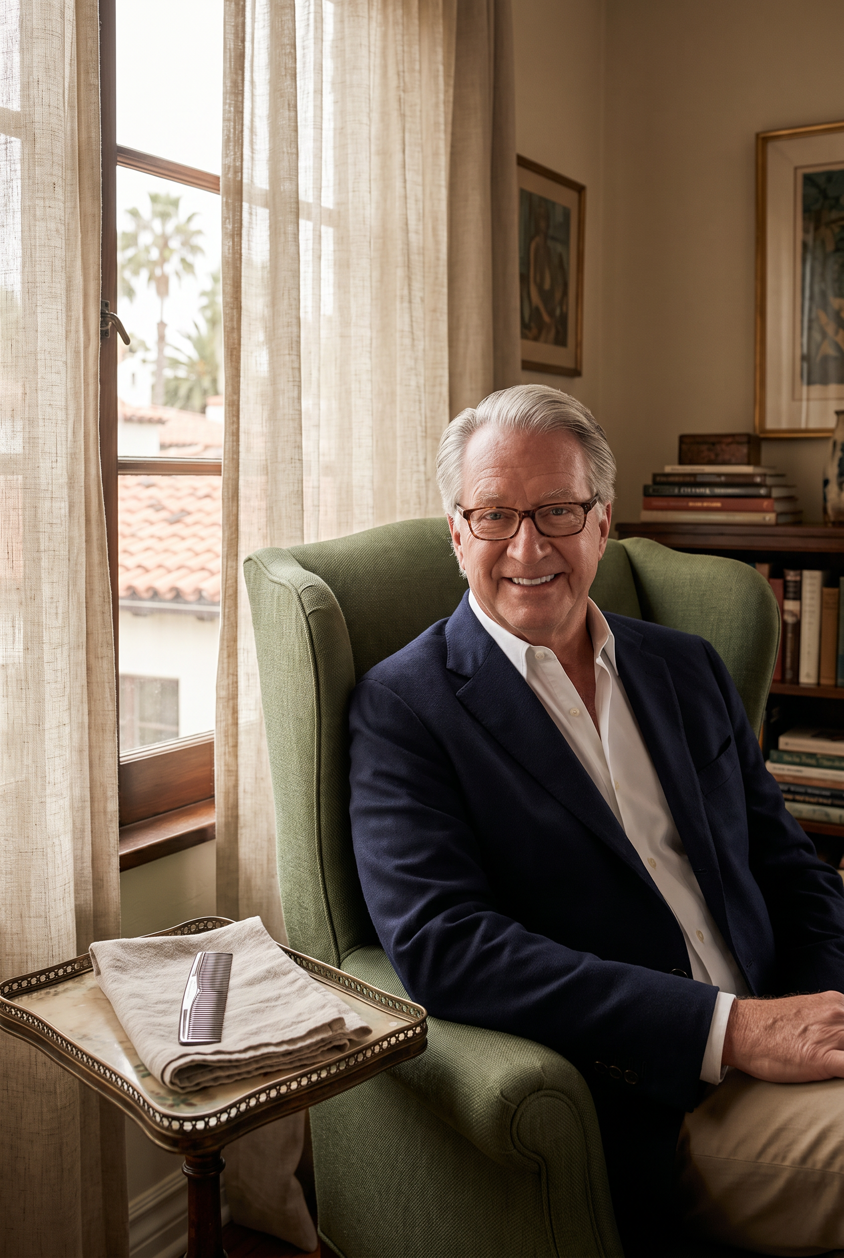 Tom Pileski, seated in a green wingback chair by a tall window in his sitting room at The Consulate Place, West Palm Beach