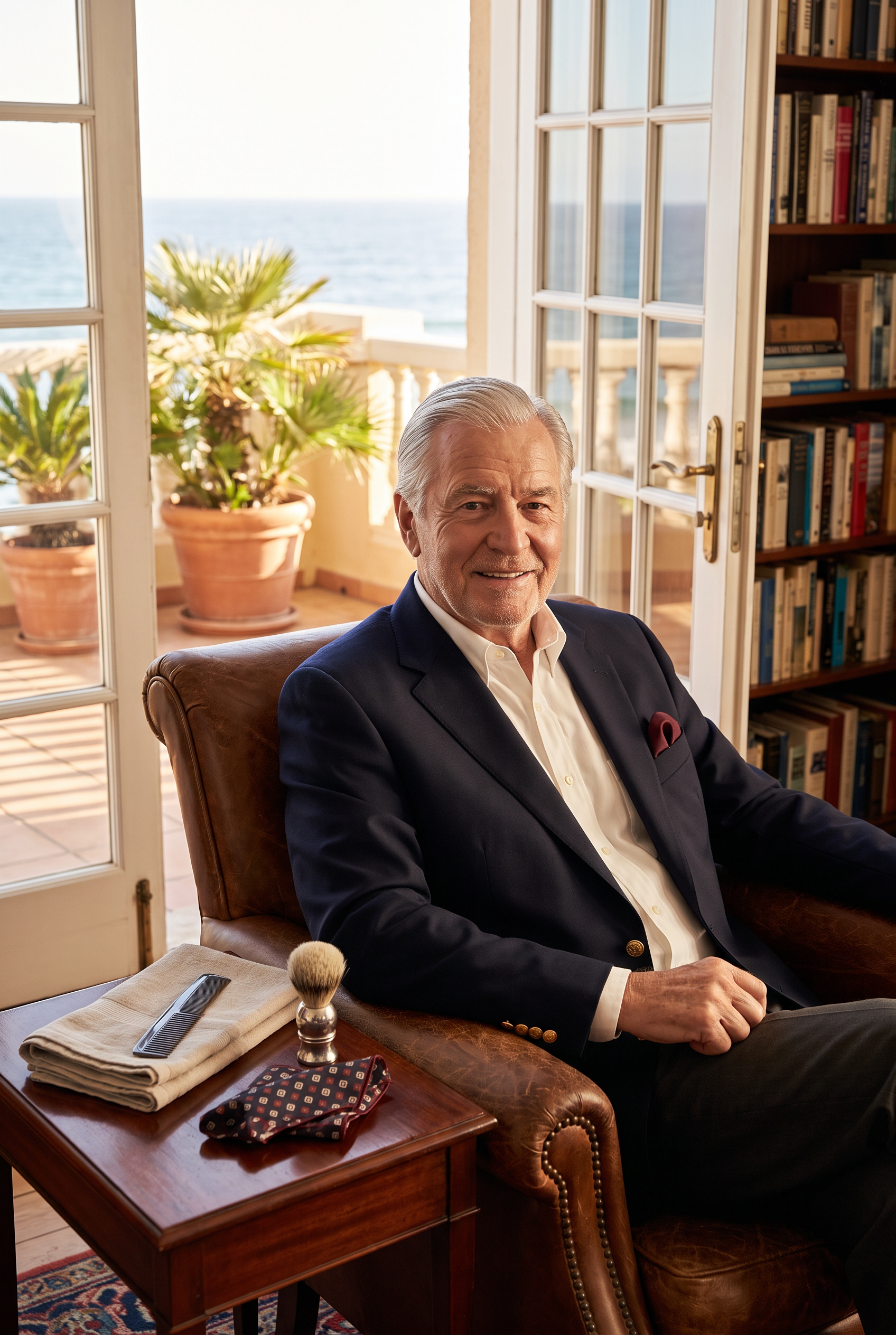 Walter Ryker seated in his study at The Carlisle Palm Beach, French doors open to an ocean-facing terrace